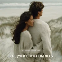 Мужчина и женщина в светлых свитерах стоят на берегу моря, обнявшись и глядя вдаль. Атмосфера прохлады и уюта. Текст: The Secret Spring — это воздух в снежном лесу.