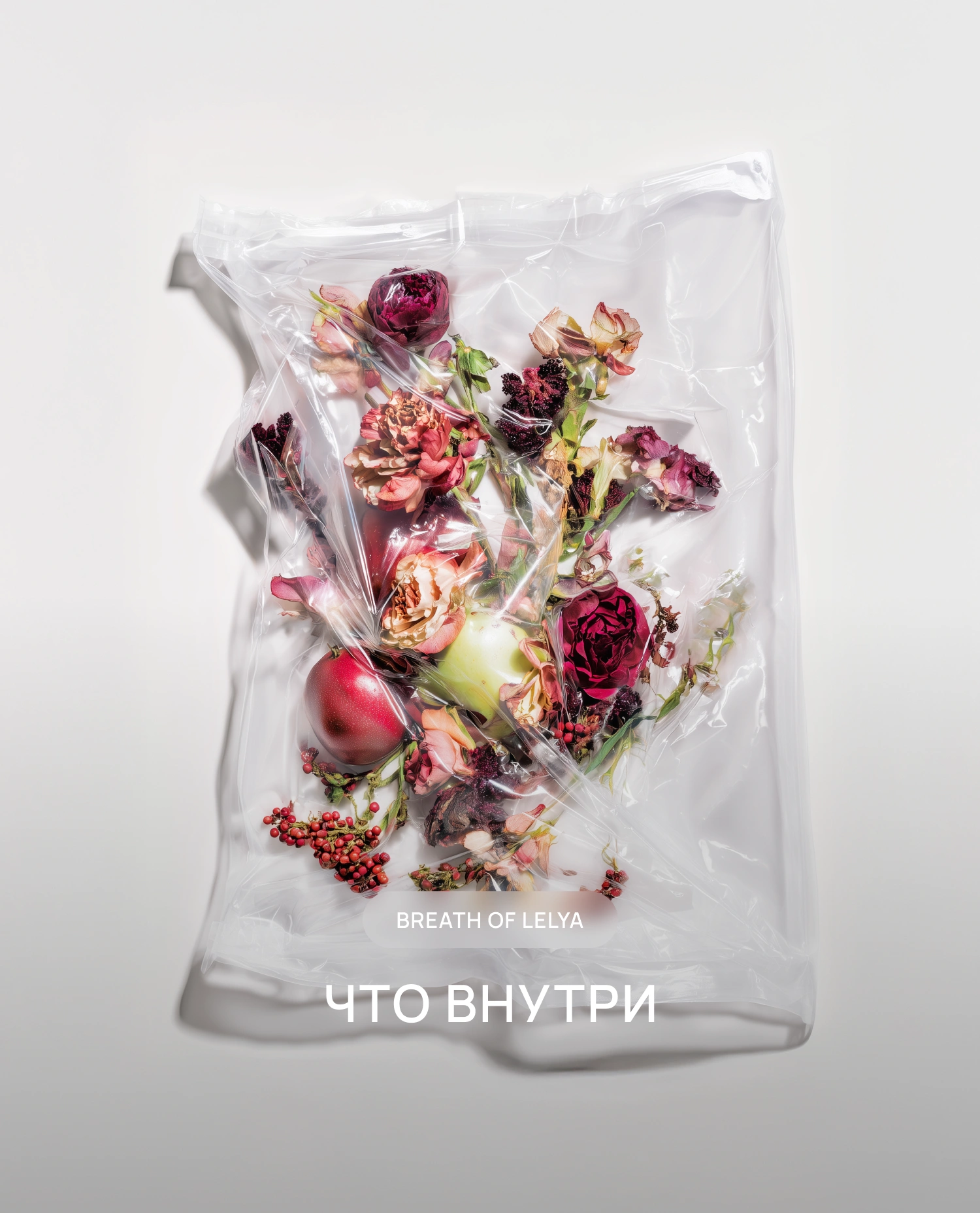 Художественная композиция цветов и фруктов в прозрачном пакете — символ ингредиентов аромата Breath of Lelya