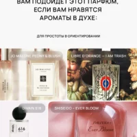 Подборка похожих ароматов для ориентира: Jo Malone Peony & Blush, Etat Libre d’Orange I Am Trash, Divain 616 и Shiseido Ever Bloom