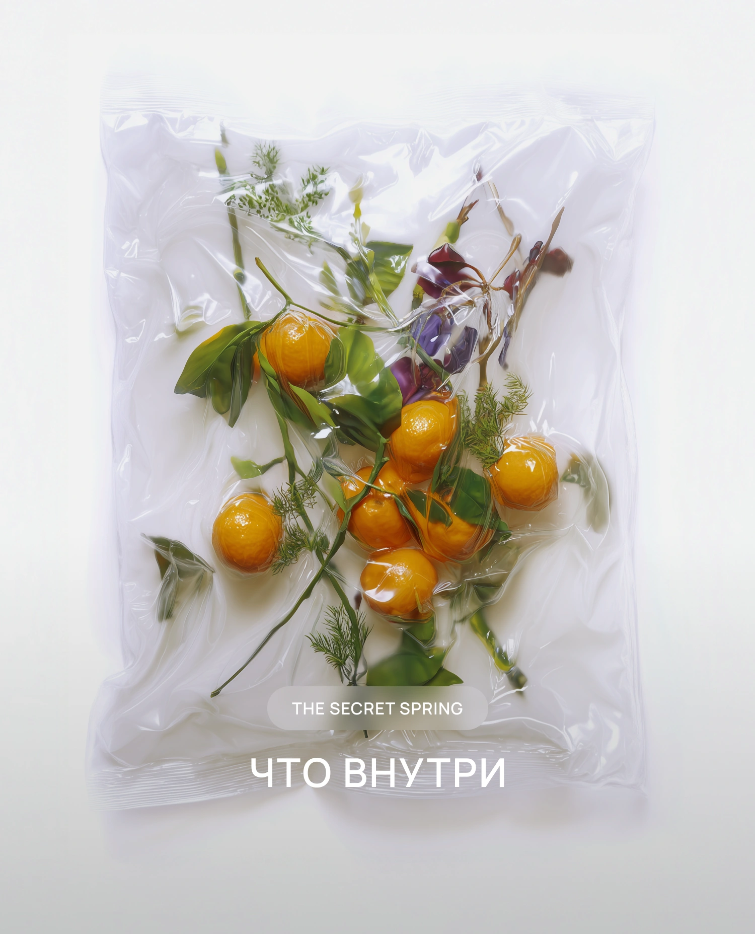 Вакуумный пакет с мандаринами, листьями и зеленью в художественной композиции. Атмосфера свежести и чистоты. Текст: The Secret Spring — это ода кристальной свежести.