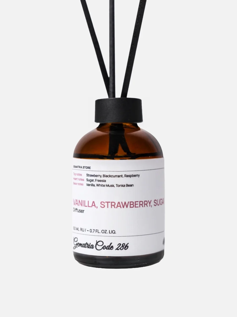 Диффузор для дома: Малина, Клубника, Ваниль, Амбра, Мускус, Бобы Тонка создаёт насыщенное, сладкое и тёплое звучание. Фруктовые ноты формируют яркое начало, а тёплая база делает аромат мягким и комфортным для интерьера.